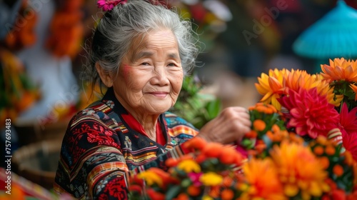 Elderly Asian flower seller smiling at market, traditional attire, vibrant orange flowers in bloom, cultural heritage, and small business concept
 photo