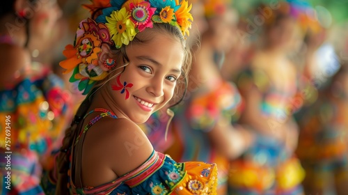 Cheerful girl in colorful traditional dress at folk festival, cultural celebration with floral headpiece, happiness and heritage concept 