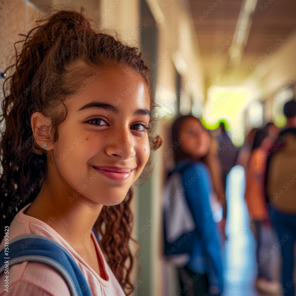 lifestyle photo Happy teenage girl in hallway at high school looking at camera. Her friends are in the background Hispanic American. lifestyle photo Happy teenage girl in hallway at high school looking at camera. Her friends are in the background Hispanic American.