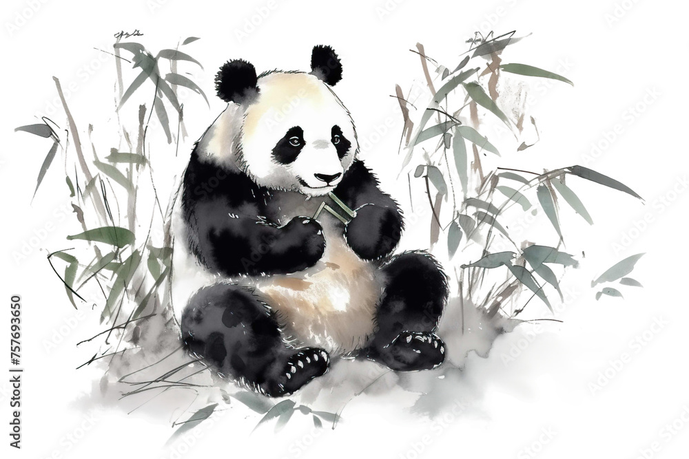 isolated wash chinese illustration Traditional branch painting panda white bamboo background Watercolor ink