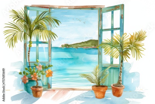 Watercolor of a beach house with open windows Scenery of the turquoise sea