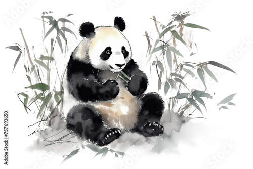 Obraz na płótnie isolated wash chinese illustration Traditional branch painting panda white bamboo background Watercolor ink w salonie