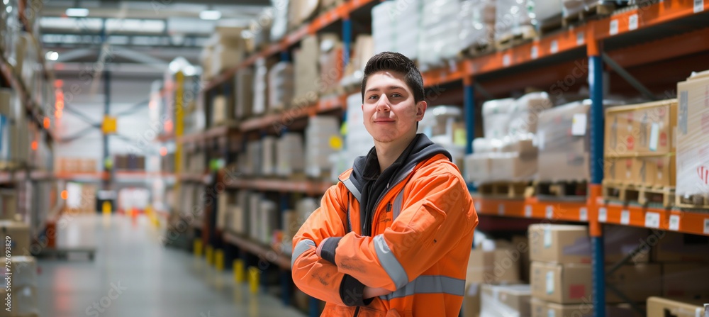 A confident male warehouse worker is standing in a bright distribution center. The warehouse has abundant natural light, creating a pleasant work environment. A confident male warehouse worker is standing in a bright distribution center. The warehouse has abundant natural light, creating a pleasant work environment.