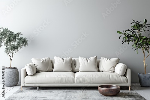 A white couch positioned next to a green potted plant in a room