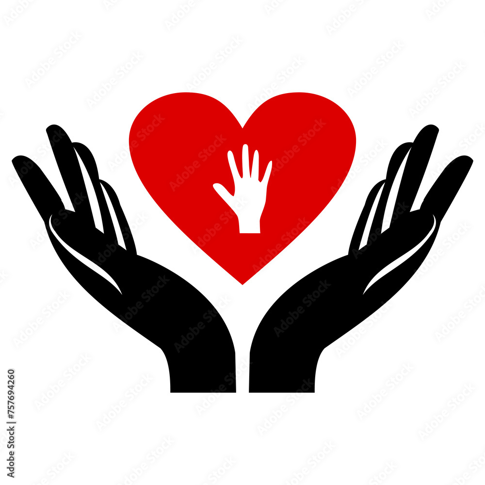 Obraz premium Hands holding heart. Hands up with hearts. Heart in hand. Vector icon. Charity Silhouette icons. Volunteer Poster. Donation, Love Icons.