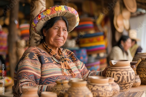 Indigenous artisan selling handmade pottery at a traditional market, exemplifying cultural craft and local entrepreneurship
 photo