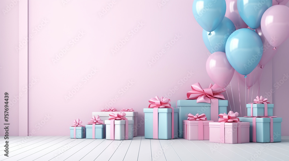 3d interior mockup illustration with pink and blue balloons and gift boxes on pink background