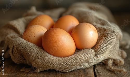 Chicken eggs on burlap close-up, on a blurred background.