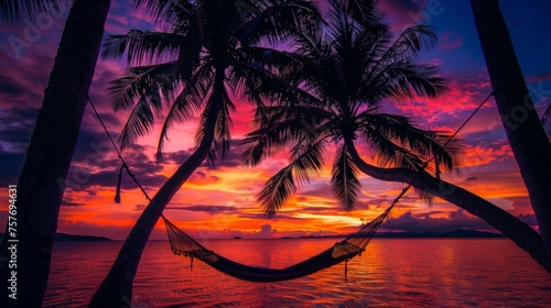 Serene Hammock Between Palm Trees at Sunset AI Generated. © Newaystock