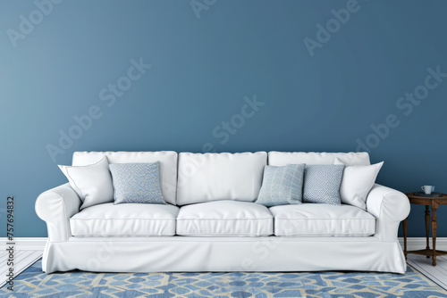 A living room with blue walls and a white couch as the focal point