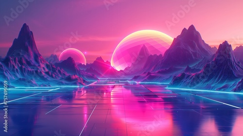 Futuristic fantasy landscape with neon glow and majestic mountains under a purple sky, digital art scenery. 