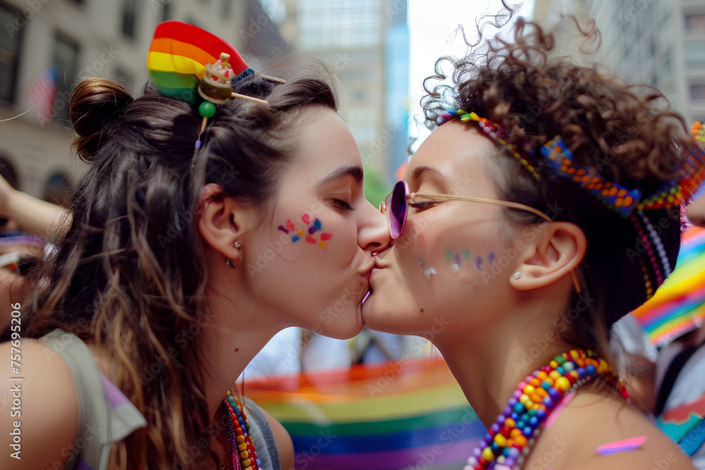 lesbians kissing on pride parade. LGBT concept, lesbian couple. Two girls love each other