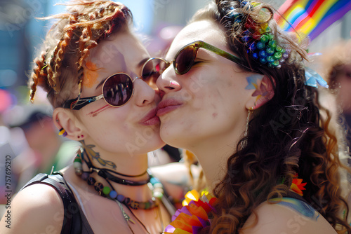 lesbians kissing on pride parade. LGBT concept, lesbian couple. Two girls love each other
