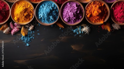 Top view of Holi powder with various colors for Holi festival background