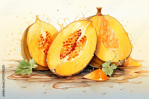 Cantaloupe fruit watercolor painting photo