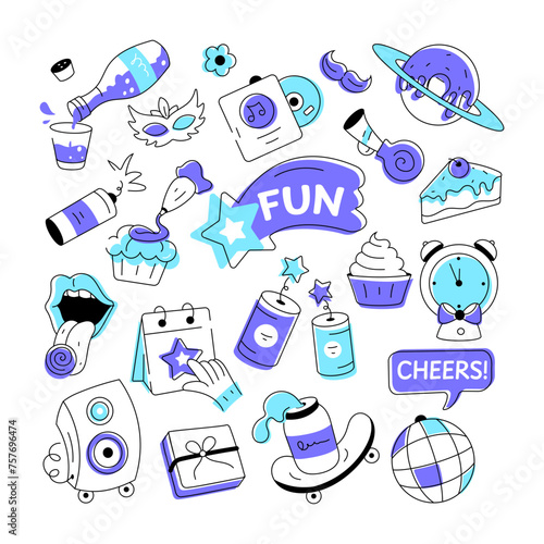 Birthday vector in doodle style with celebration elements, food items, and firecrackers