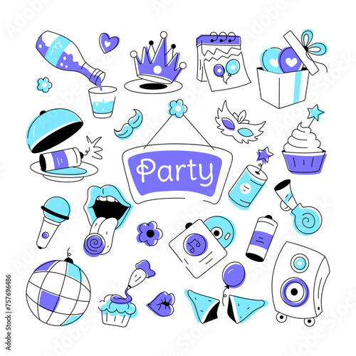 Birthday vector in doodle style with celebration elements, food items, and firecrackers