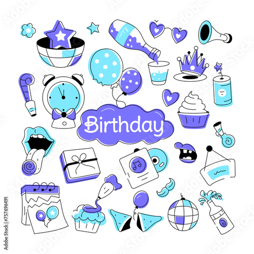 Birthday vector in doodle style with celebration elements, food items, and firecrackers