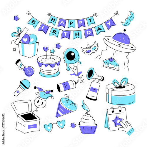 Birthday vector in doodle style with celebration elements, food items, and firecrackers