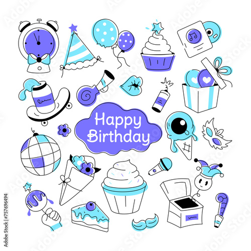 Birthday vector in doodle style with celebration elements, food items, and firecrackers