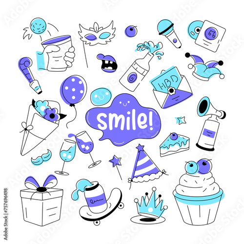 Birthday vector in doodle style with celebration elements, food items, and firecrackers