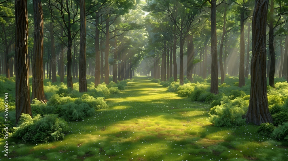Forest with tall trees and green grass, ground covered in moss. Sunlight shines through leaves. Forest with tall trees and green grass, ground covered in moss. Sunlight shines through leaves.