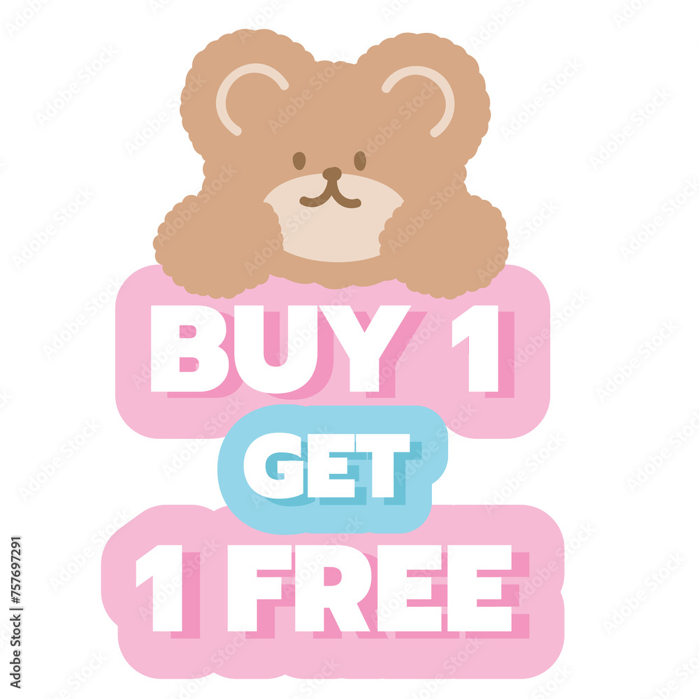BUY 1 GET 1 FREE button with teddy bear for online shopping, marketing, promotion, sticker, banner, special price, discount, social media, print, template, sign, symbol, campaign, web, mobile, cartoon BUY 1 GET 1 FREE button with teddy bear for online shopping, marketing, promotion, sticker, banner, special price, discount, social media, print, template, sign, symbol, campaign, web, mobile, cartoon