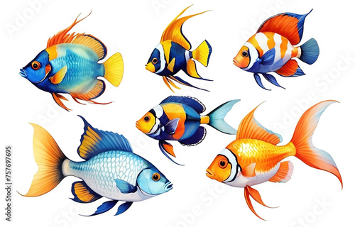 Set of tropical fish isolated on white background. Vector cartoon illustration.