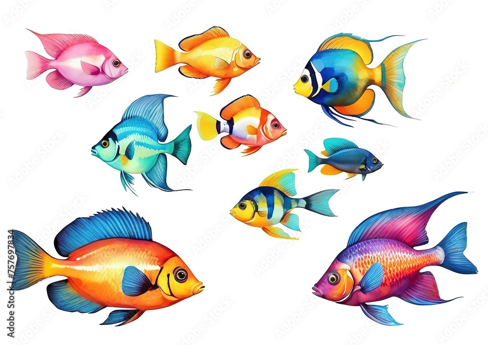 Naklejka premium Set of colorful fishes isolated on white background. Vector illustration for your design