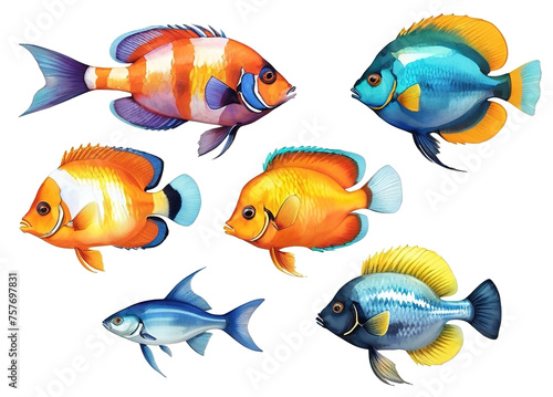 Set of tropical fish isolated on white background. Watercolor illustration.