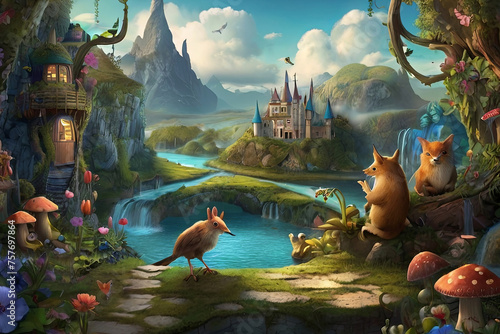 Whimsical fantasy world desktop wallpaper. Enchanting creatures, magical landscapes. Artistic and surreal imagery  © Amila Vector