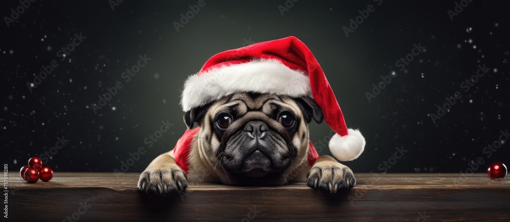 The pug, a small toy dog breed, is laying on a wooden table with a Santa hat on its head. Known for its wrinkled face and fawn color, this carnivorous companion dog has cute whiskers