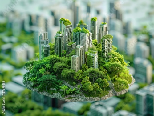 Floating green island with futuristic eco-friendly skyscrapers, conceptual urban sustainable development.