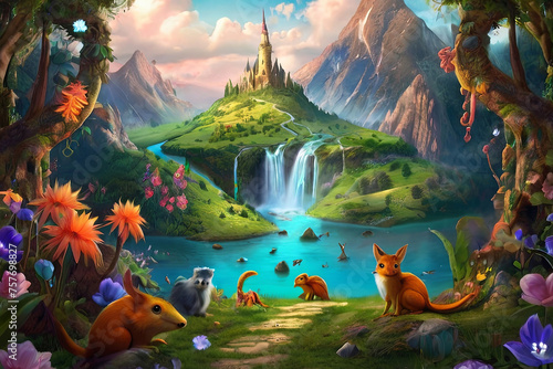 Whimsical fantasy world desktop wallpaper. Enchanting creatures, magical landscapes. Artistic and surreal imagery
 photo