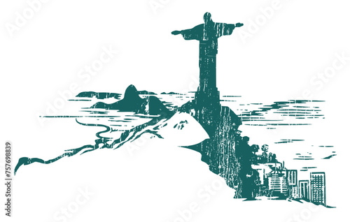 Landscape illustration of the city of Rio de Janeiro, Brazil. Handmade art, representing current times.