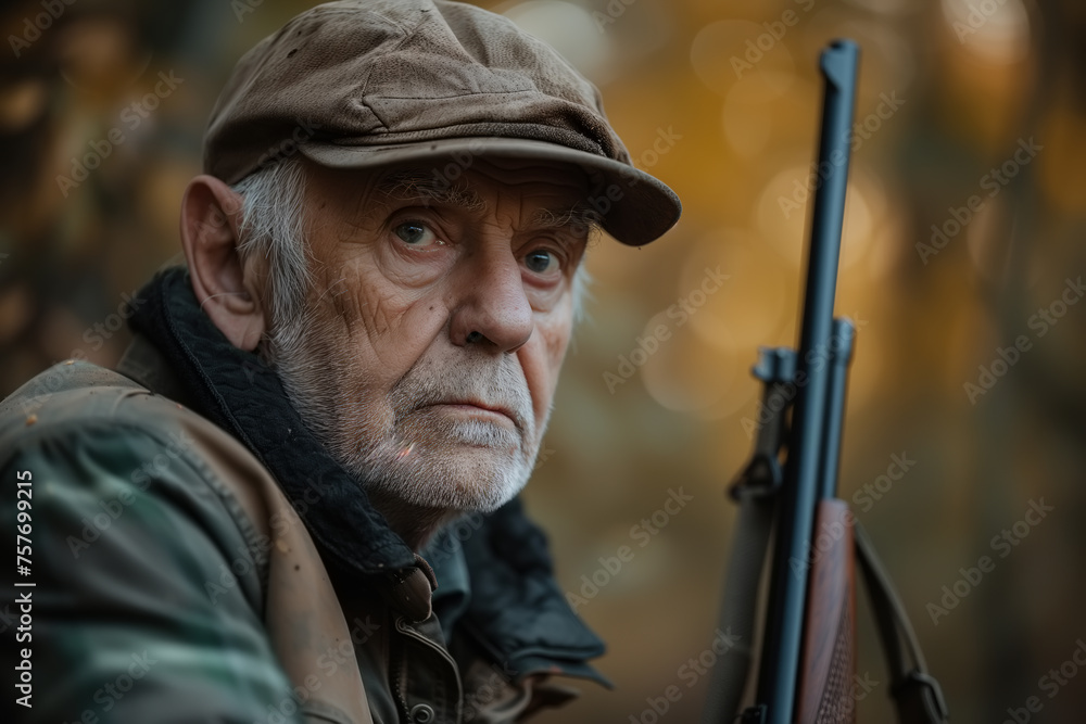 An elderly man holds a rifle in his hands, doing hunting as his hobby outdoors