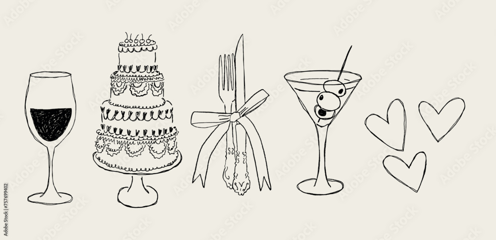 Paquete de ilustraciones dibujadas a mano. Ilustraciones para fiestas estilo boceto. Vectores de pastel, copa de vino, corazones y cubiertos. Ilustraciones para invitaciones de bodas, menús y fiestas - obrazy, fototapety, plakaty 