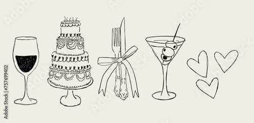 Paquete de ilustraciones dibujadas a mano. Ilustraciones para fiestas estilo boceto. Vectores de pastel, copa de vino, corazones y cubiertos. Ilustraciones para invitaciones de bodas, menús y fiestas photo
