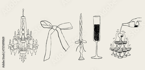 Paquete de ilustraciones dibujadas a mano. Ilustraciones para fiestas estilo boceto. Vectores de moño, copa, vela, torre de copas y candelabro Ilustraciones para invitaciones de bodas, menús y fiestas