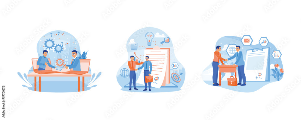 Fototapeta premium Business people signed contract documents online. Shaking hands after signing a contract. Making a mutual agreement. Contract agreement concept. Set flat vector illustration.