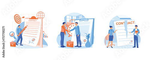 Businessman signs contract papers. Shake hands after making a mutual agreement. Tear up signed contract documents. Contract agreement concept. Set flat vector illustration.