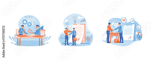 Business people signed contract documents online. Shaking hands after signing a contract. Making a mutual agreement. Contract agreement concept. Set flat vector illustration.