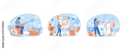 Invest online. Businessman analyses stock markets globally. Increase financial investment. Investment concept. Set flat vector illustration.