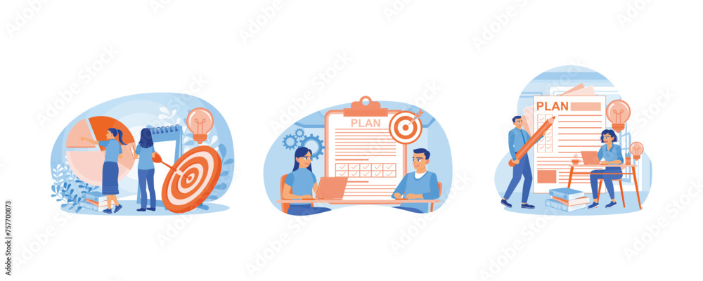 Analyze the company's financial charts. Business people discussing the business plan in a meeting room. Business strategy ideas. Business Plan concept. Set flat vector illustration. Analyze the company's financial charts. Business people discussing the business plan in a meeting room. Business strategy ideas. Business Plan concept. Set flat vector illustration.