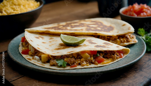 Traditional Mexican dish quesadillas with meat and vegetable filling