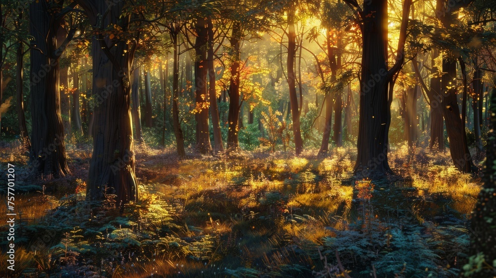 Mystical Forest Sunbeams at Dusk