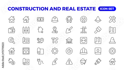 Real Estate and Construction line icons set. Real Estate outline icons collection. Purchase and sale of housing, builder, crane, rental of premises, insurance, realty, measure, tool. Thin line icon.