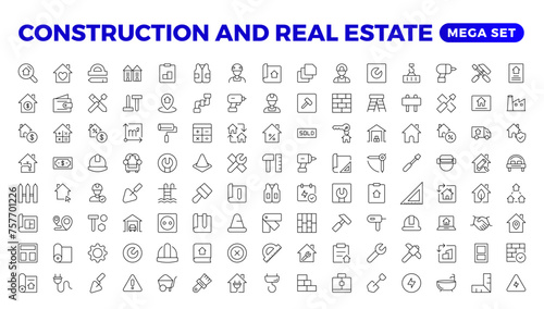 Real Estate and Construction line icons set. Real Estate outline icons collection. Purchase and sale of housing, builder, crane, rental of premises, insurance, realty, measure, tool. Thin line icon.