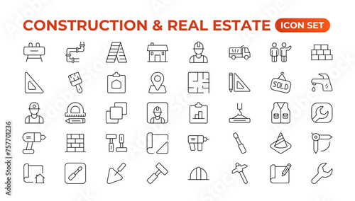 Real Estate and Construction line icons set. Real Estate outline icons collection. Purchase and sale of housing, builder, crane, rental of premises, insurance, realty, measure, tool. Thin line icon.