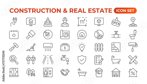 Real Estate and Construction line icons set. Real Estate outline icons collection. Purchase and sale of housing, builder, crane, rental of premises, insurance, realty, measure, tool. Thin line icon.
